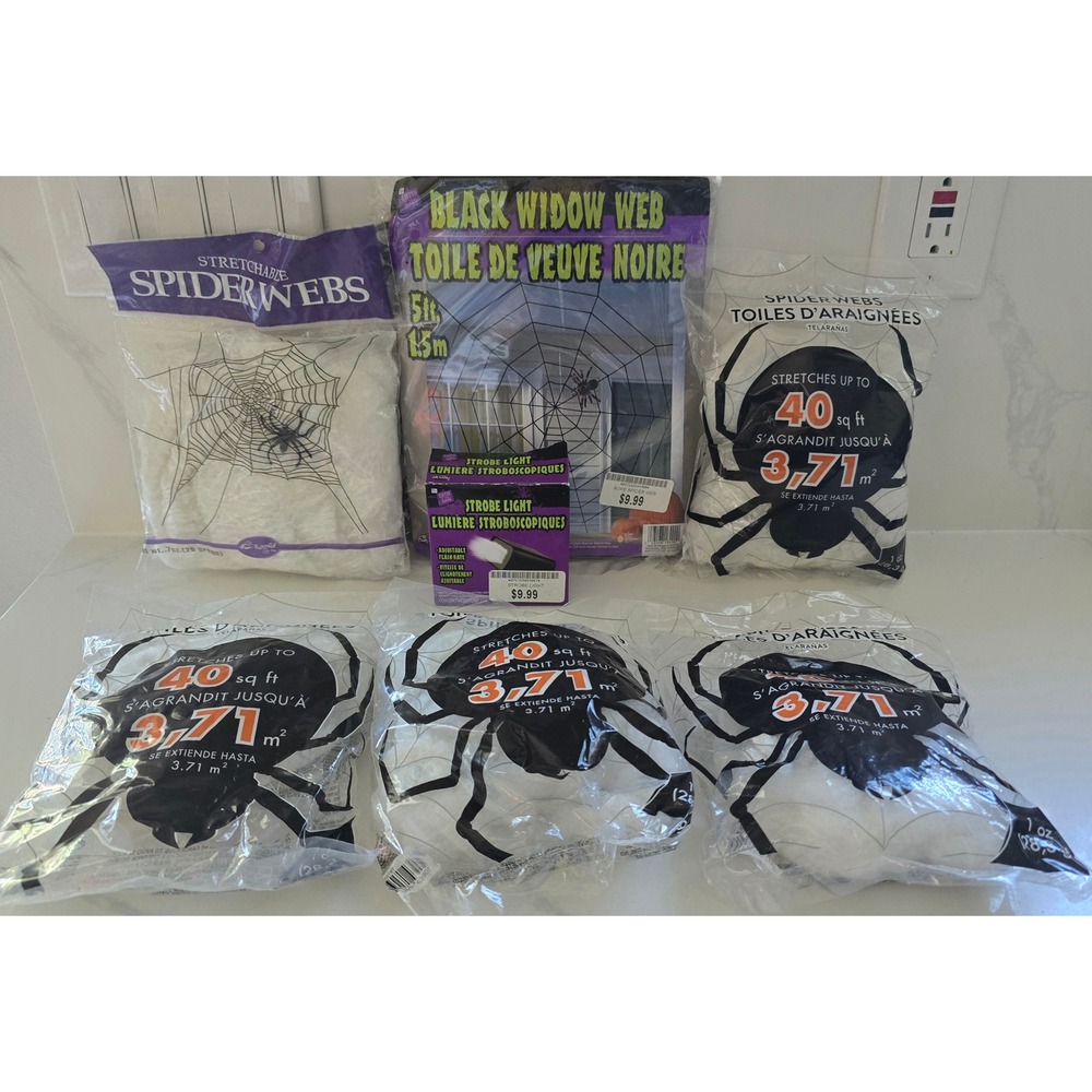 New Fun World Halloween Decor Bundle Black Widow Web Strobe Light & Spiderwebs